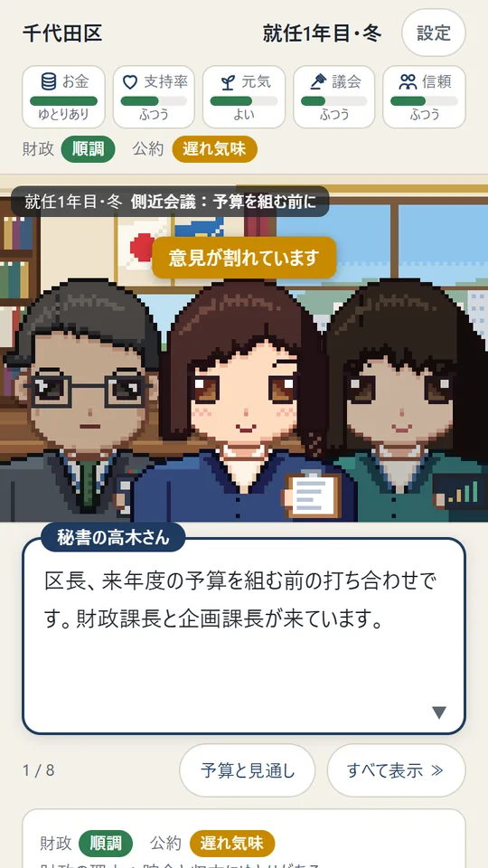 Machiosa screenshot: Staff meeting before the budget