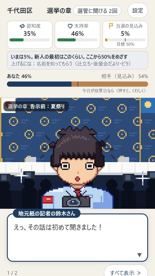 Machiosa screenshot: Press conference with a local reporter