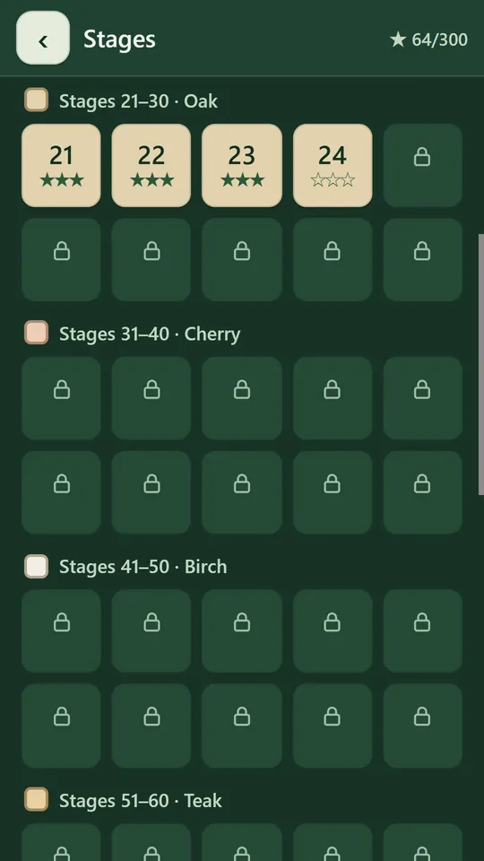 Timber Drop screenshot: The stage list (app): new wood every 10 stages